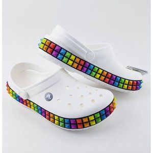NWT Crocs Crocband 3D Shapes Clog WHITE MULTI RAINBOW Studded Slip Ons size 4/6